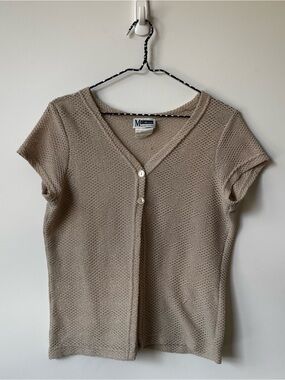 vintage tan two-button open front short sleeve knit cardigan